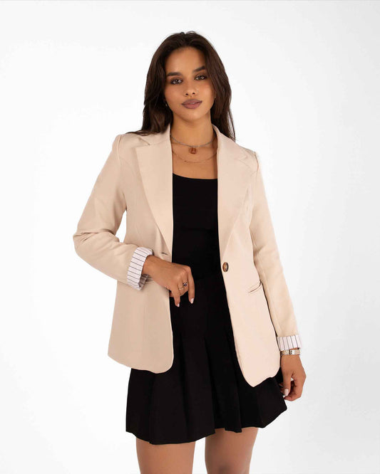 Striped-Cuff Beige Blazer