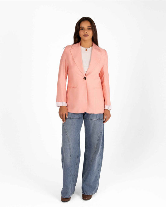 Striped-Cuff Pink Blazer