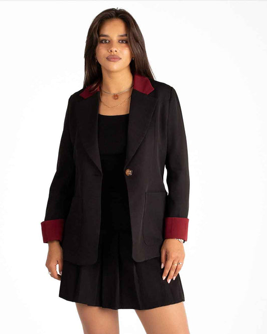Classic Black Blazer with Burgundy Accents