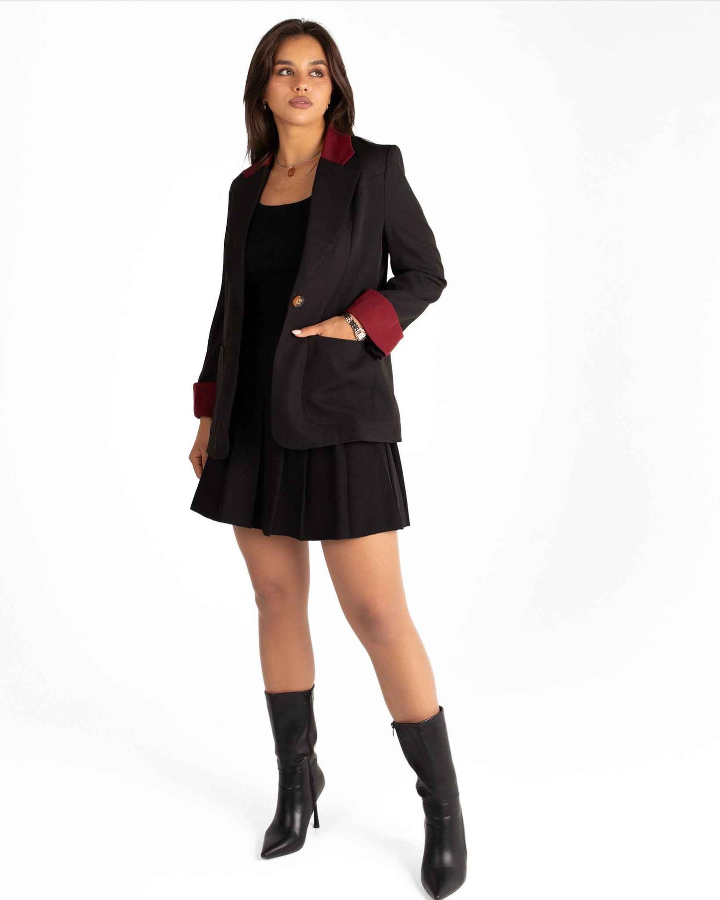 "Classic Black Women’s Blazer with Elegant Burgundy Accents