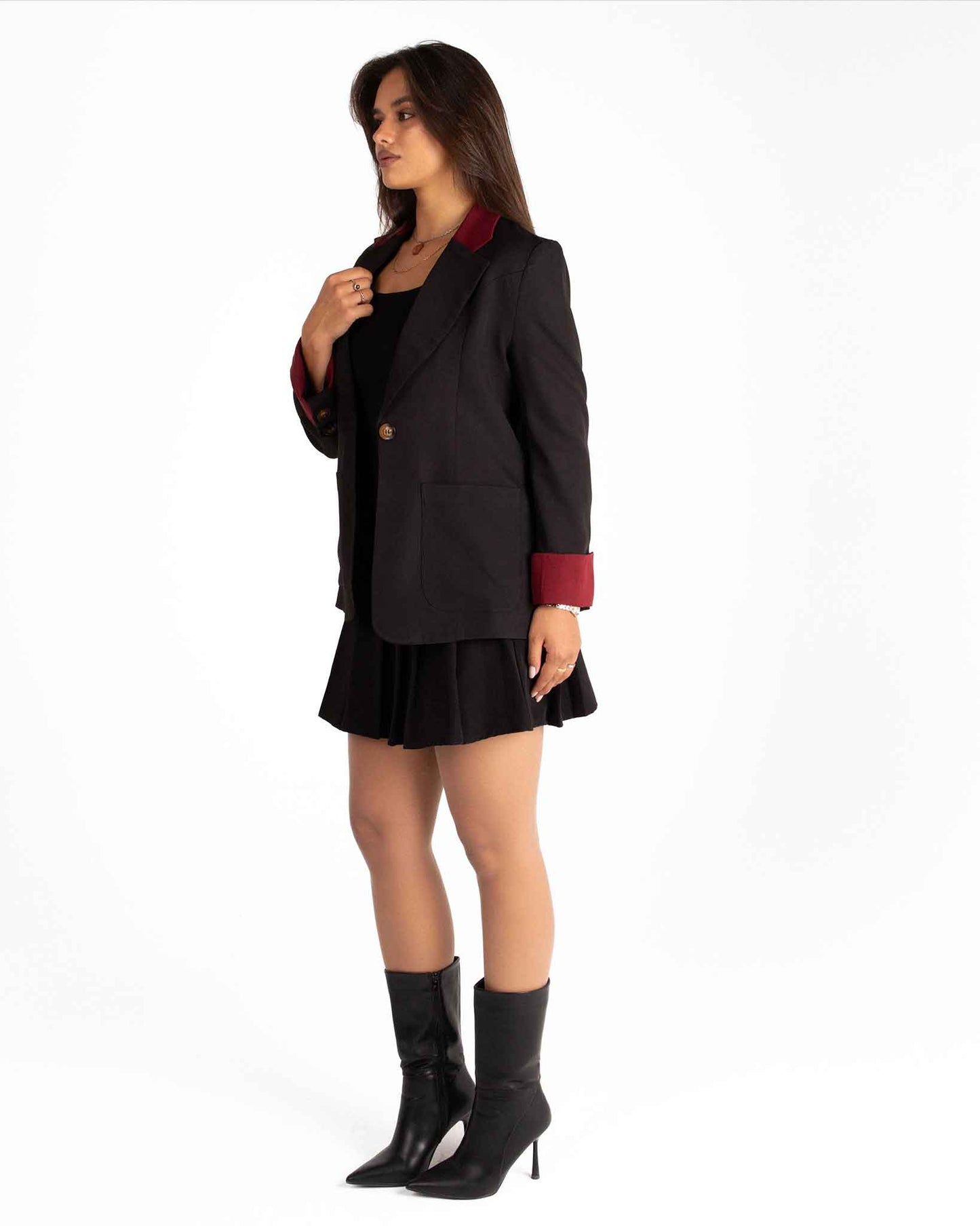 "Classic Black Women’s Blazer with Elegant Burgundy Accents