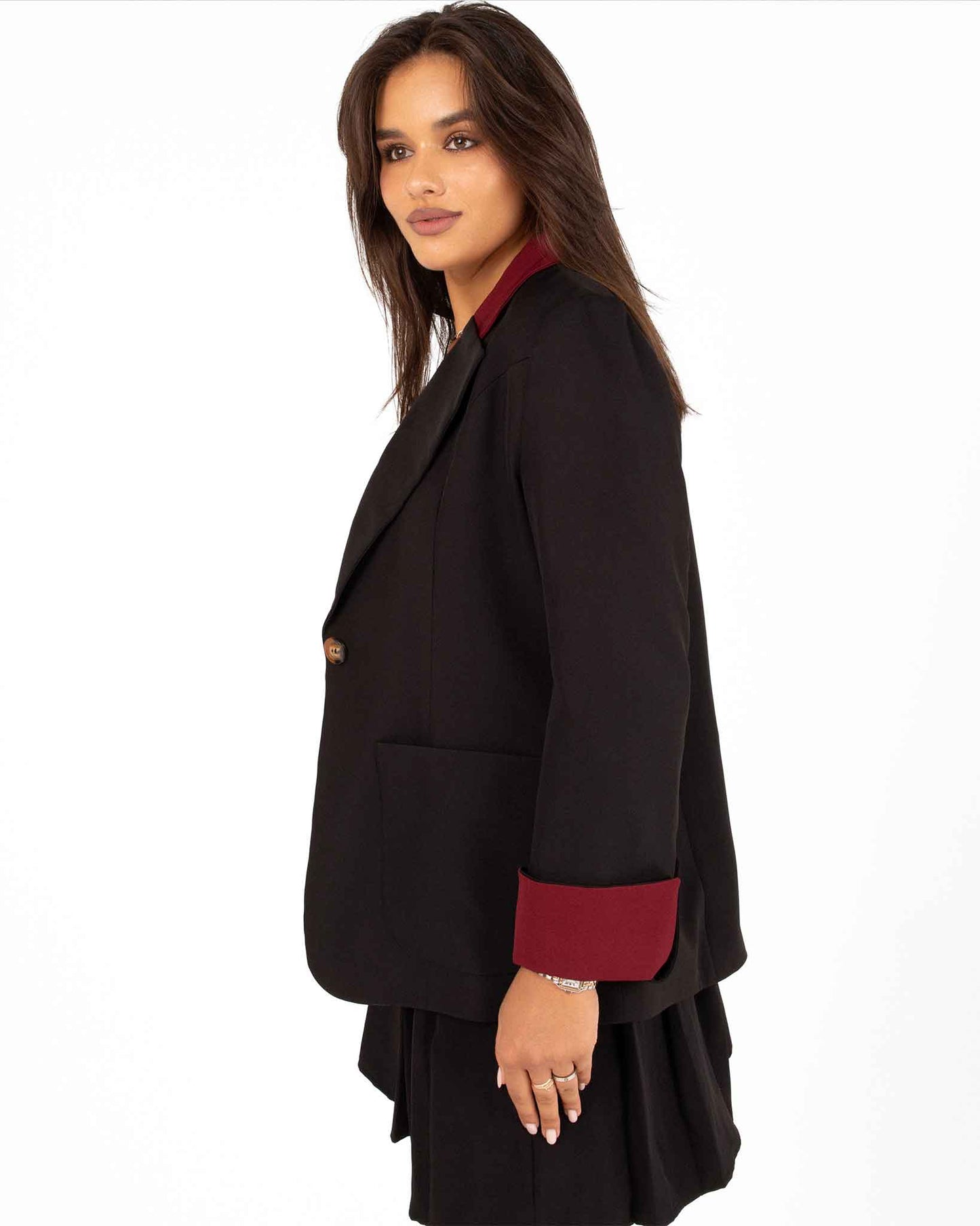 "Classic Black Women’s Blazer with Elegant Burgundy Accents