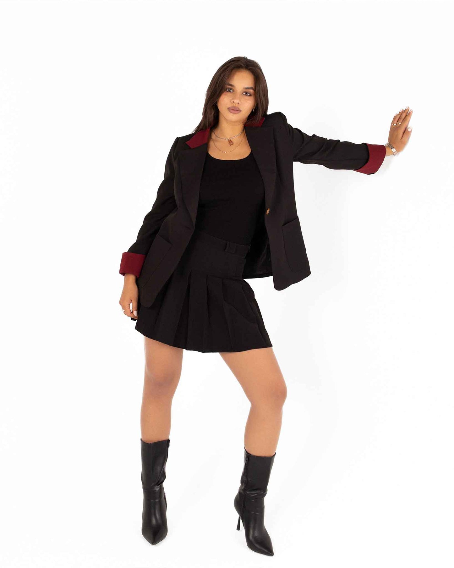 "Classic Black Women’s Blazer with Elegant Burgundy Accents