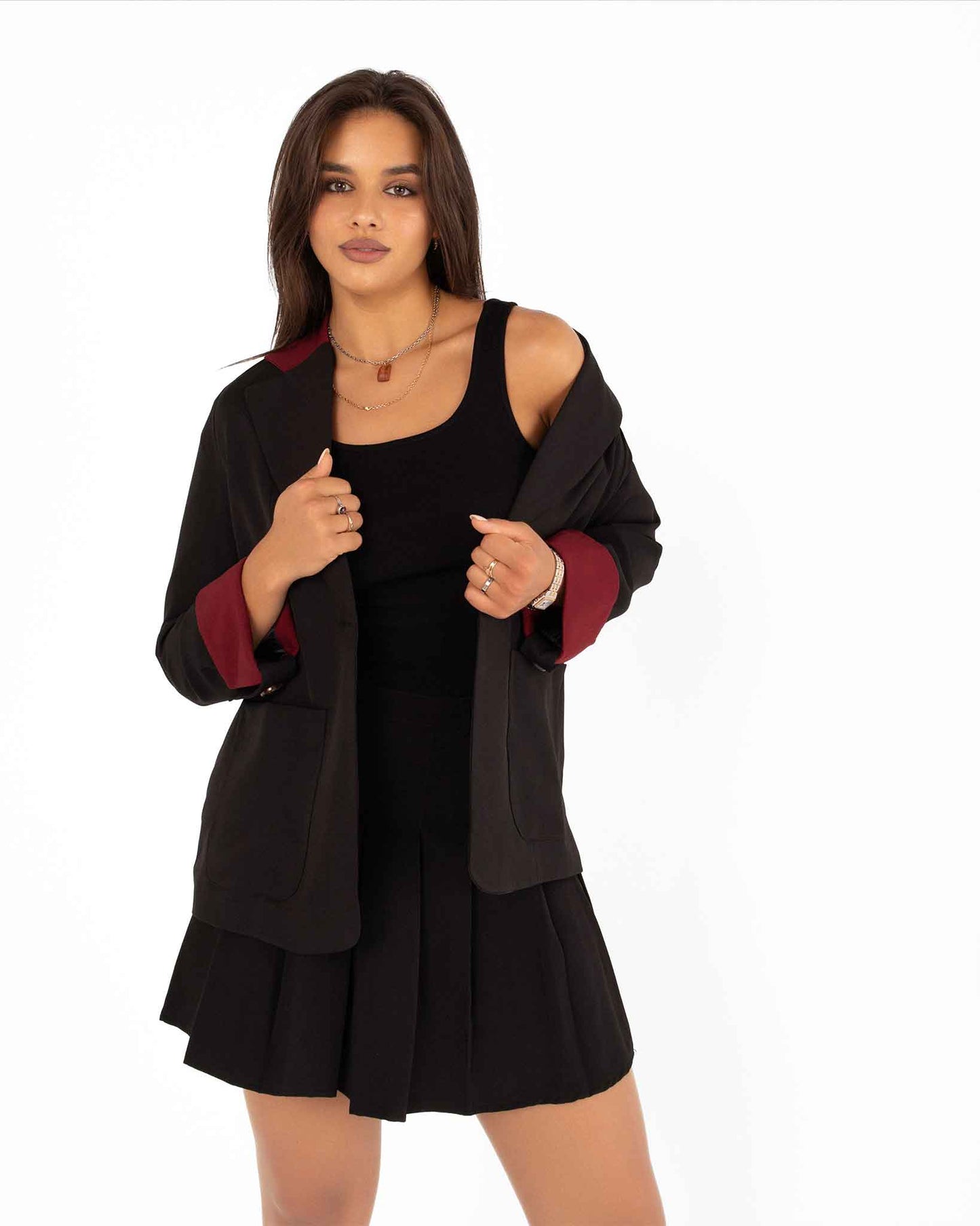 "Classic Black Women’s Blazer with Elegant Burgundy Accents
