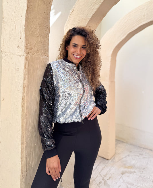 Sequin Bomber Jacket – Silver & Black