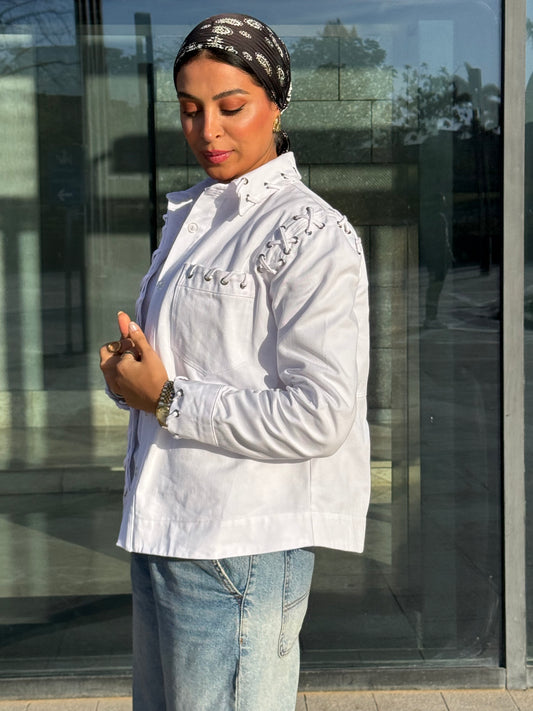 White Lace-Up Denim Jacket