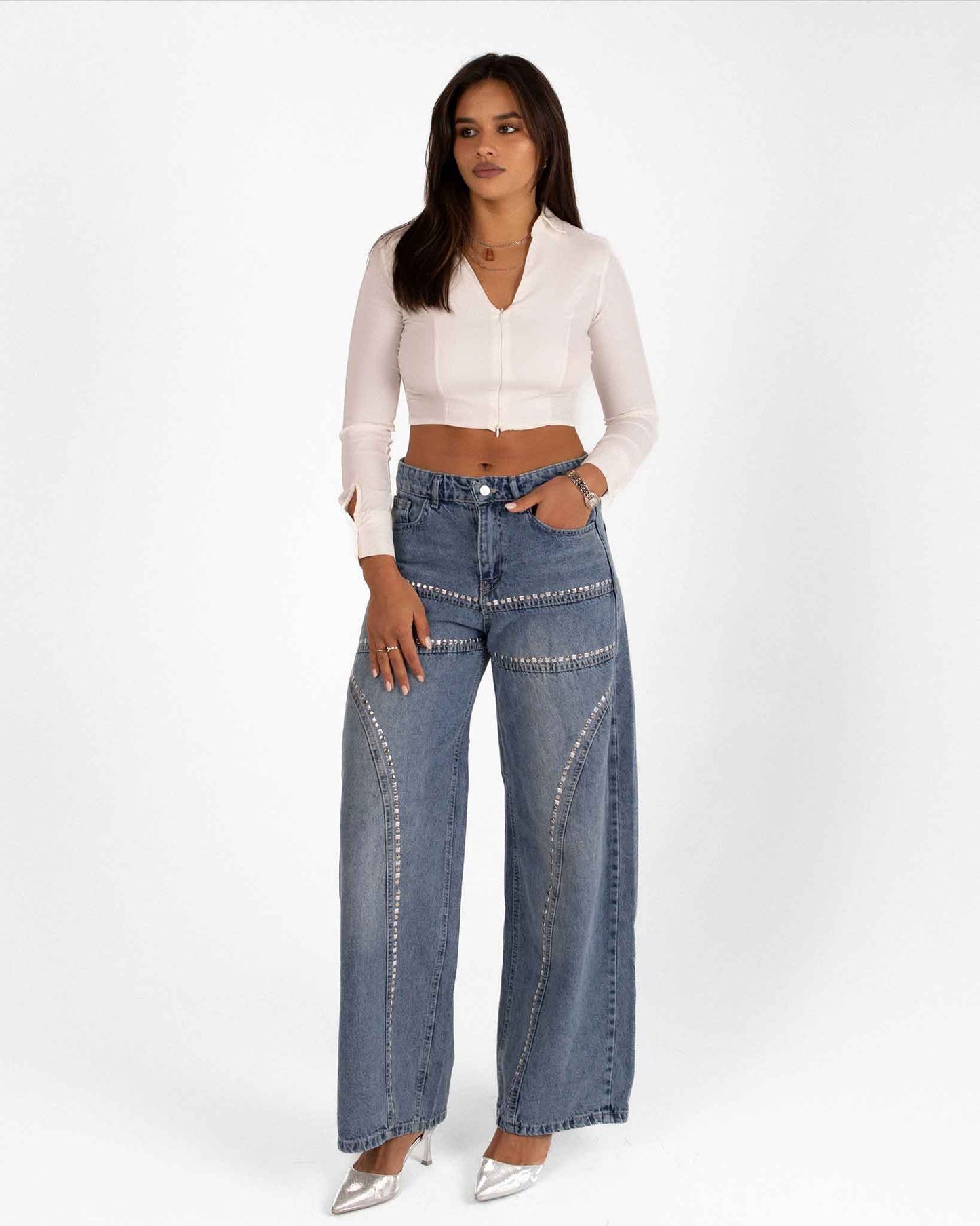 High-Waisted Wide-Leg Denim Jeans with Rhinestone Details