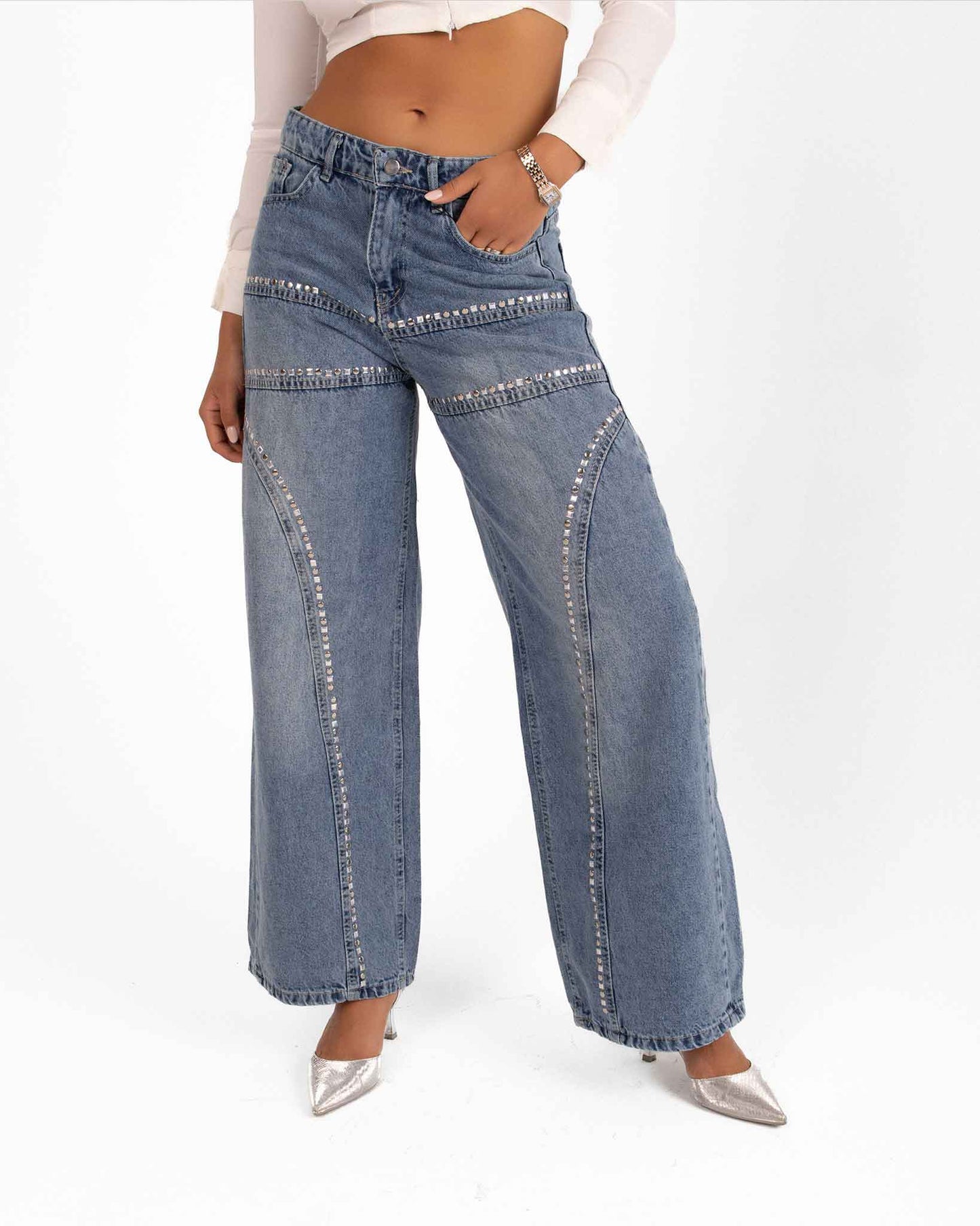 High-Waisted Wide-Leg Denim Jeans with Rhinestone Details