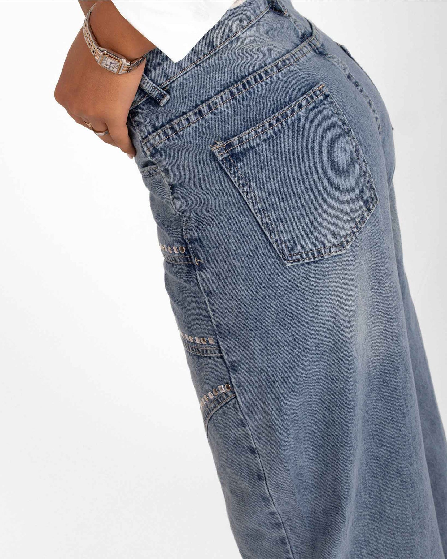 High-Waisted Wide-Leg Denim Jeans with Rhinestone Details
