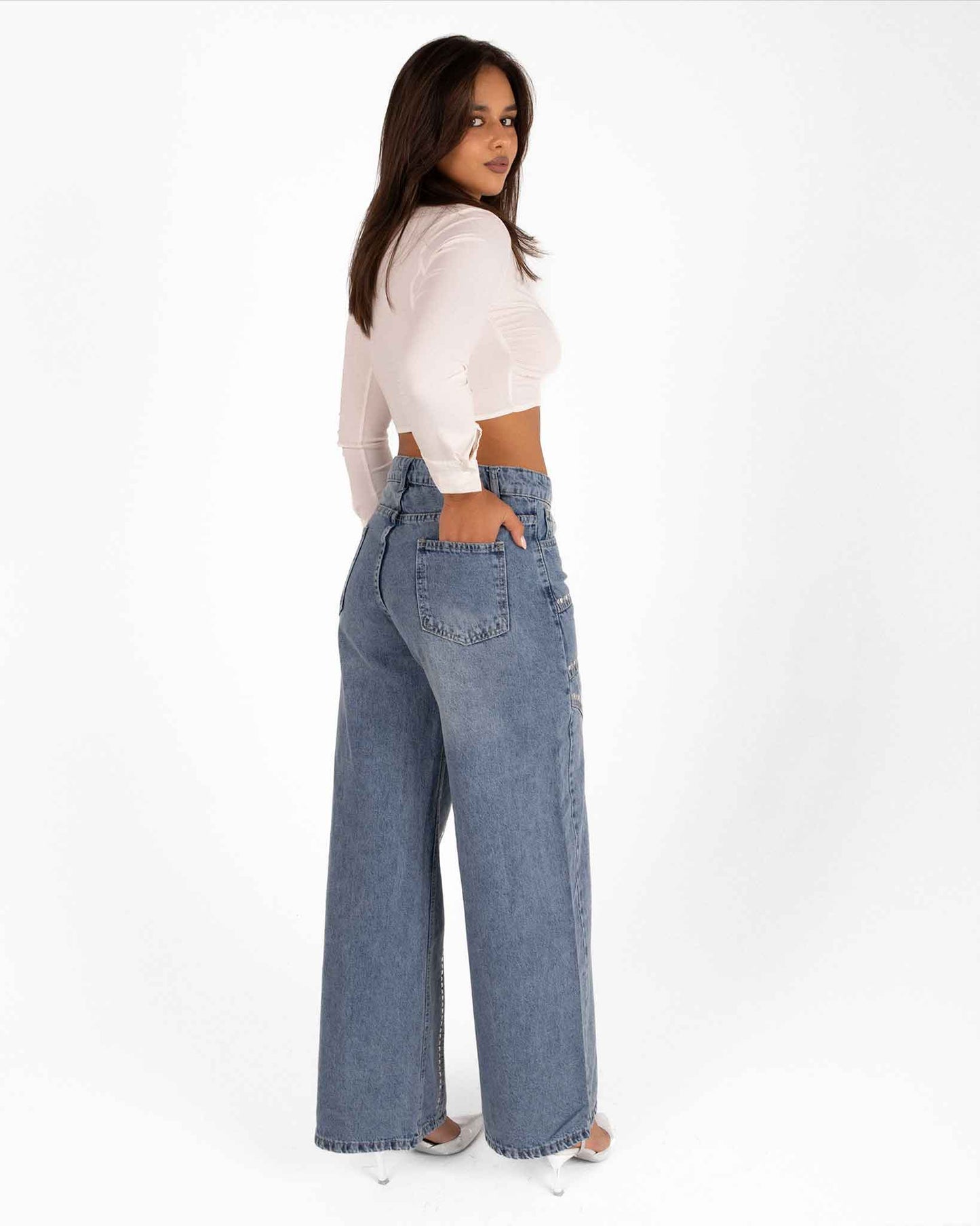 High-Waisted Wide-Leg Denim Jeans with Rhinestone Details