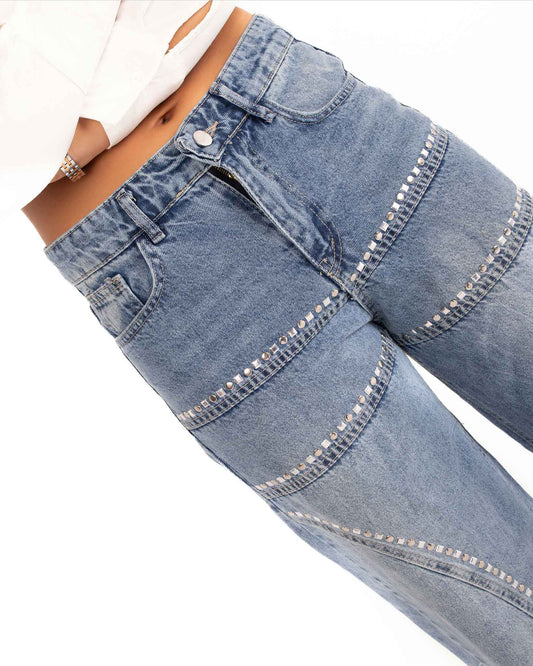 High-Waist Rhinestone Wide-Leg Jeans