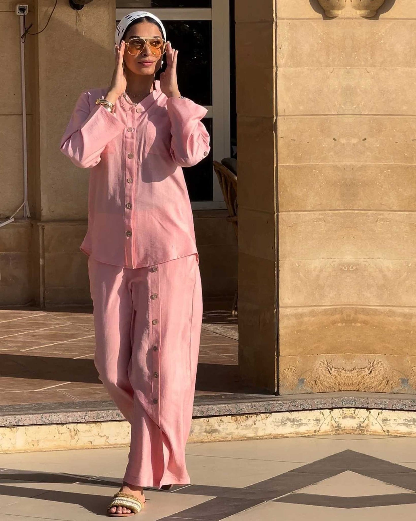 Linen suit in airy pink