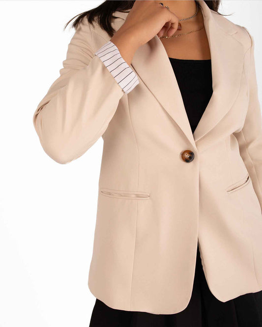 Striped-Cuff Beige Blazer