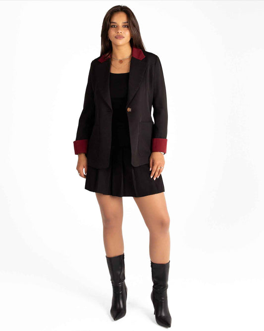 "Classic Black Women’s Blazer with Elegant Burgundy Accents