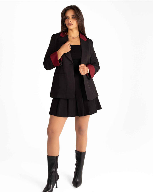 "Classic Black Women’s Blazer with Elegant Burgundy Accents