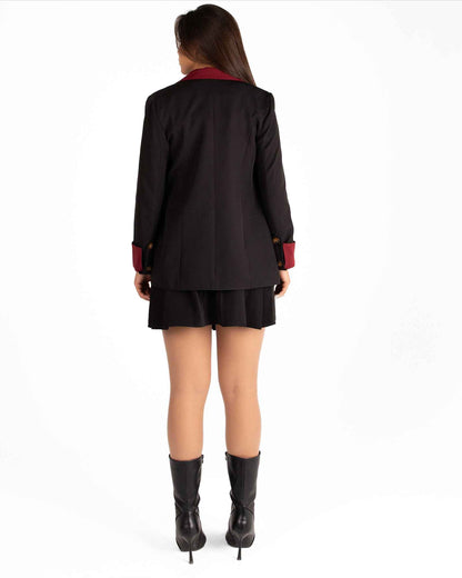"Classic Black Women’s Blazer with Elegant Burgundy Accents
