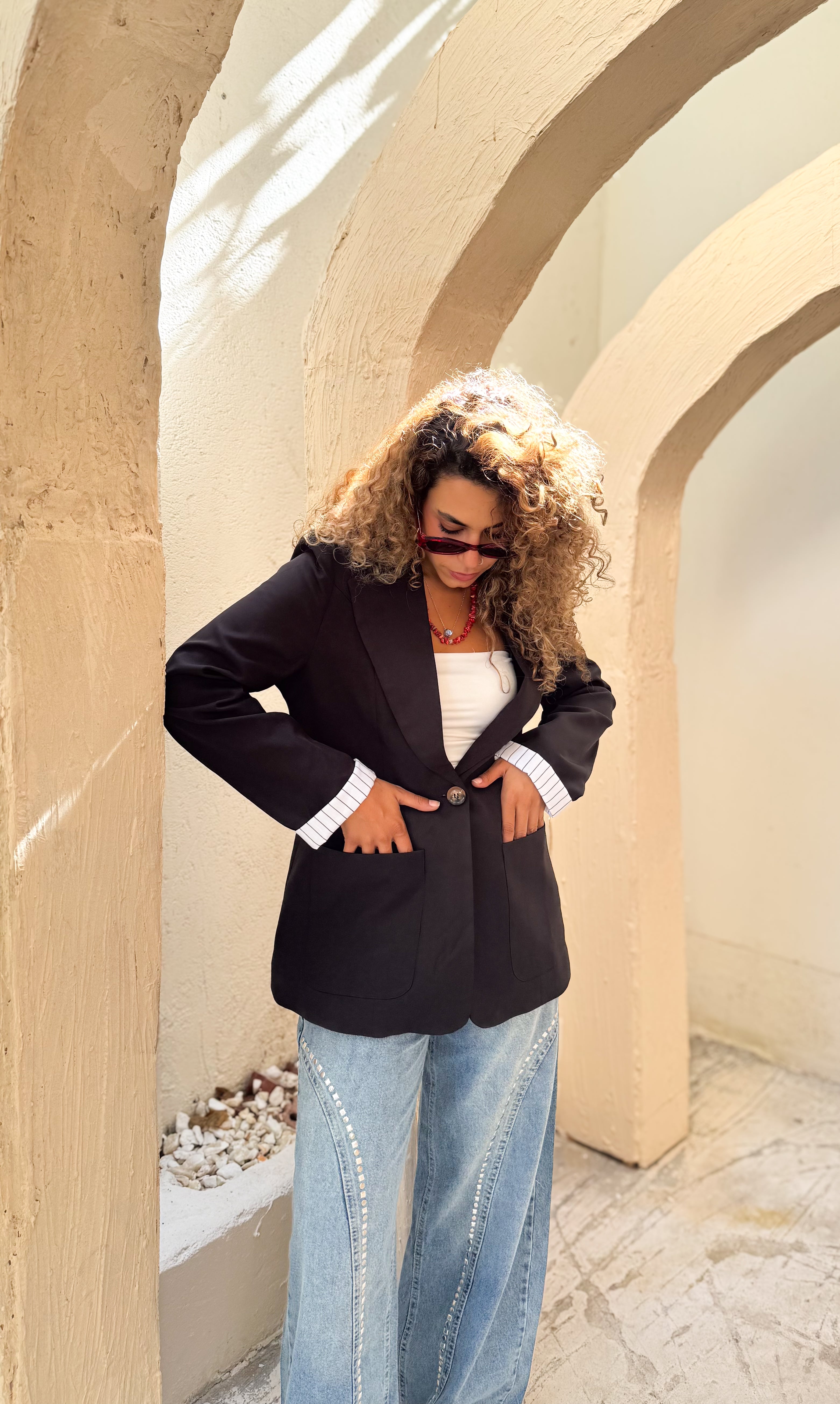 Striped-Cuff Black Blazer