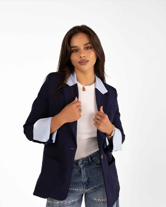 Navy Women’s Blazer with Light Blue Accents – Modern Elegance with a Classic Touch