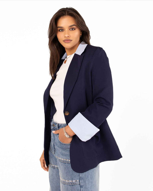 Navy Women’s Blazer with Light Blue Accents – Modern Elegance with a Classic Touch