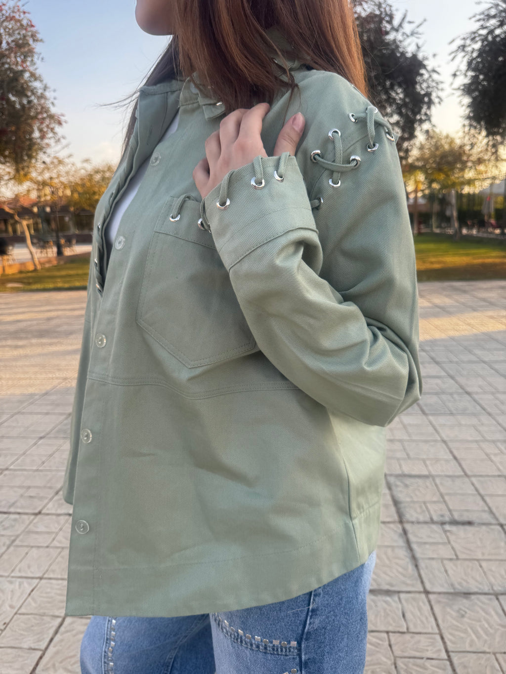Lace-Up Denim Jacket - Olive