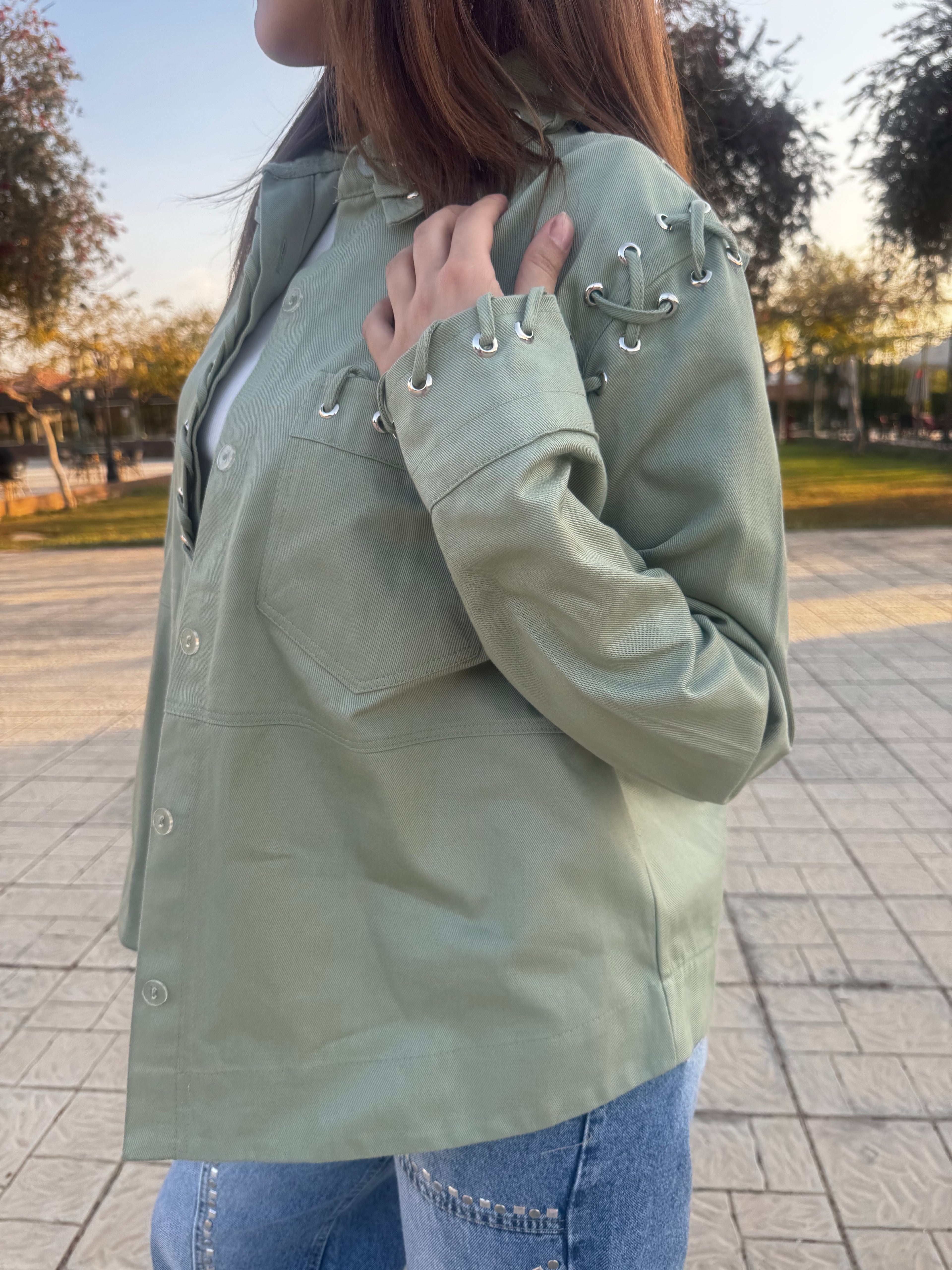 Lace-Up Denim Jacket - Olive