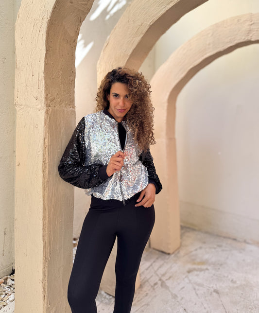 Sequin Bomber Jacket – Silver & Black