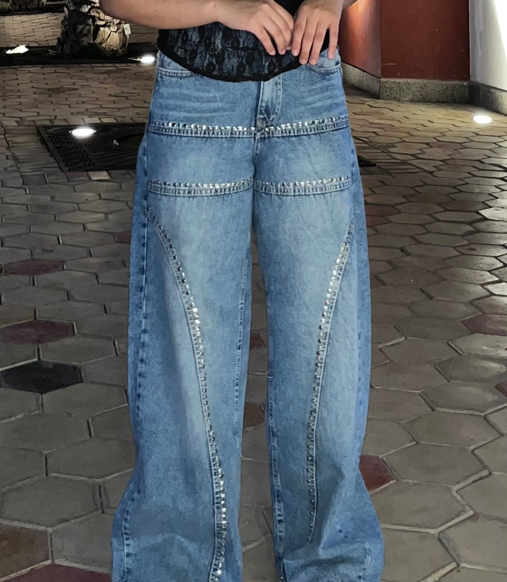 High-Waist Rhinestone Wide-Leg Jeans - Blue
