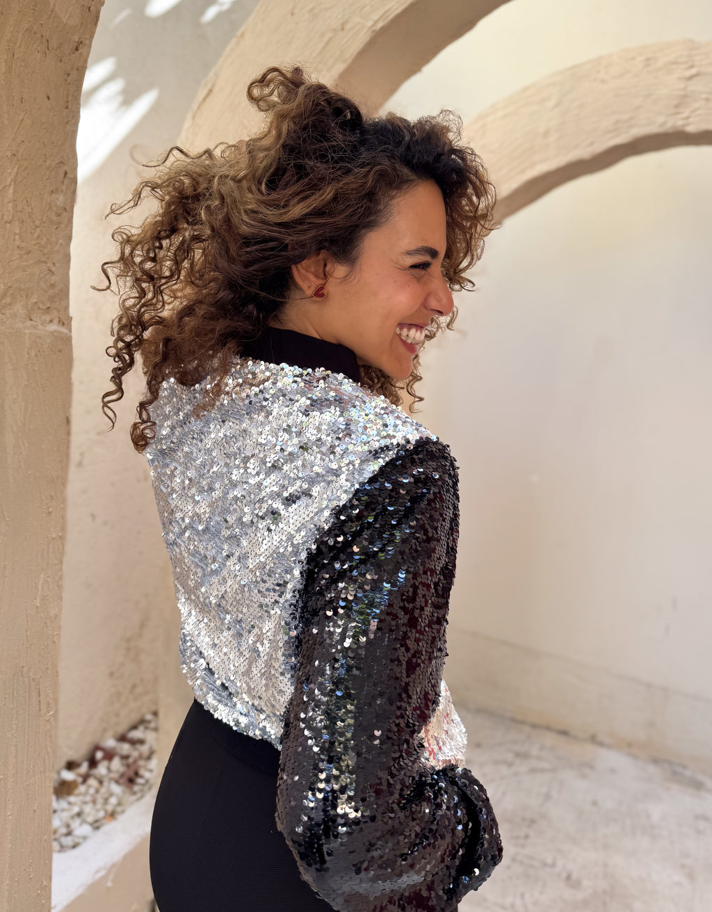 Sequin Bomber Jacket - Silver & Black