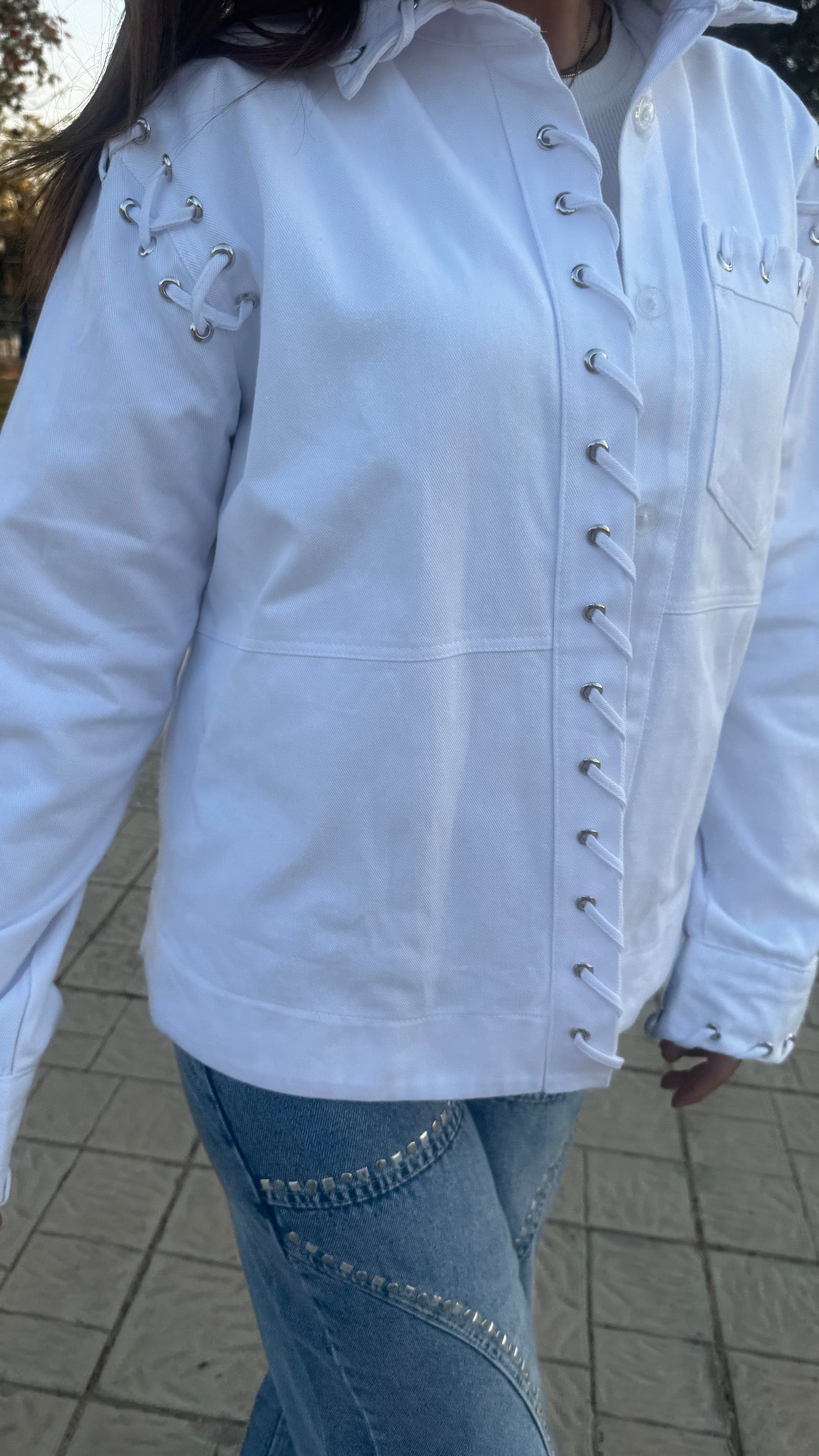White Lace-Up Denim Jacket