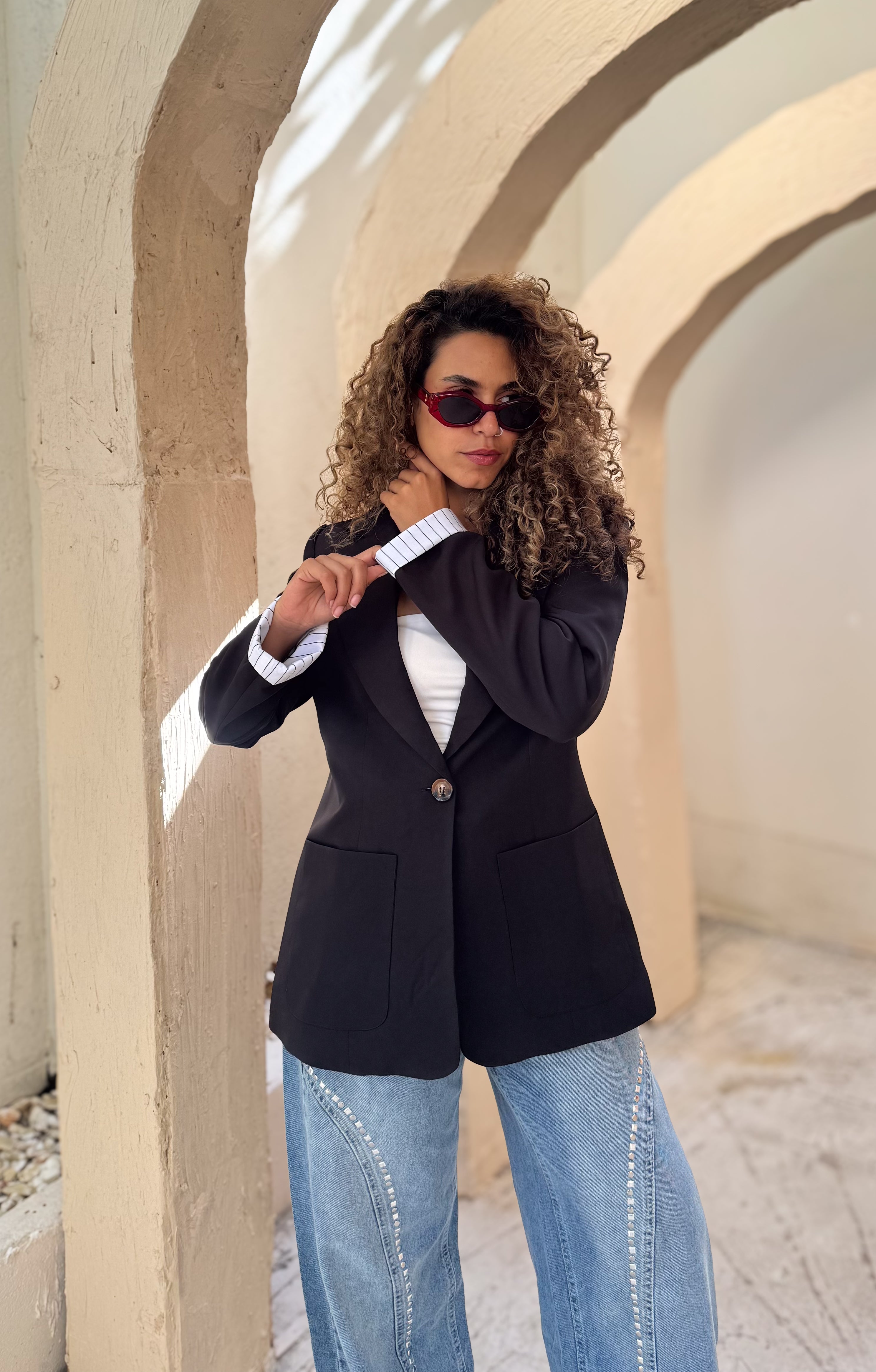 Striped-Cuff Black Blazer