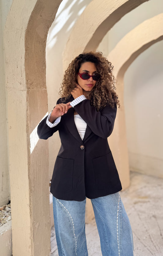 Striped-Cuff Black Blazer
