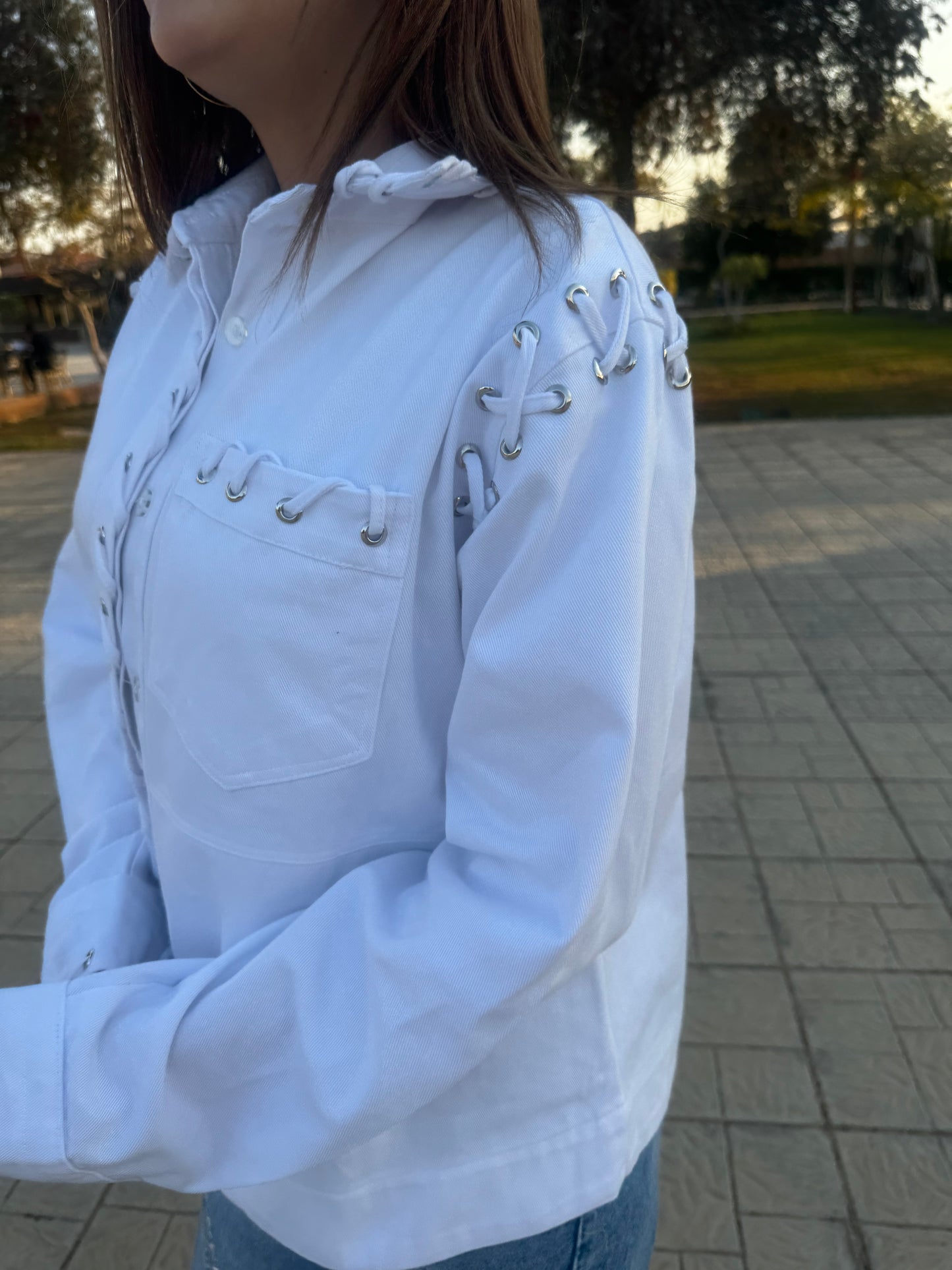 White Lace-Up Denim Jacket