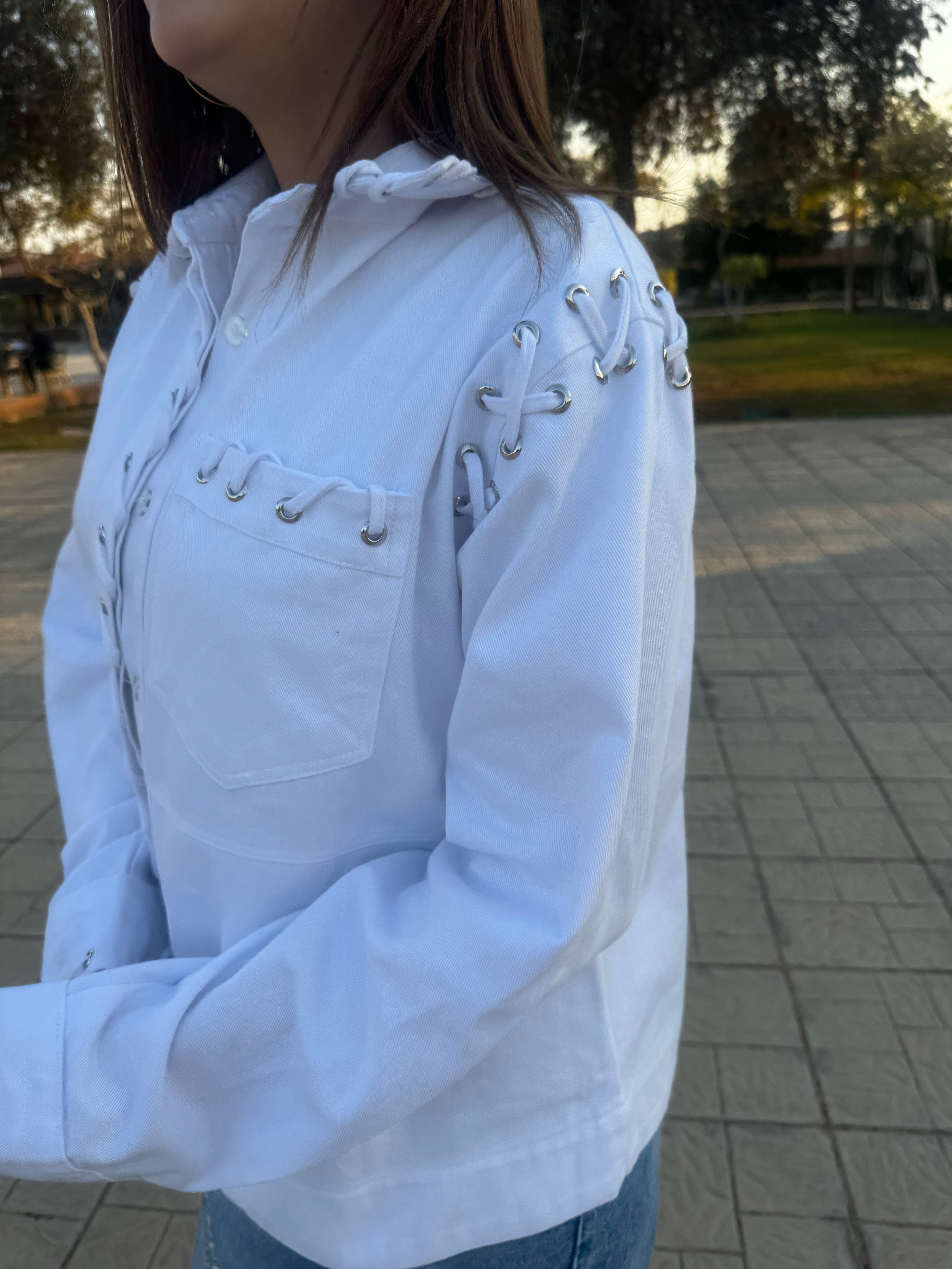 Lace-Up Denim Jacket - White