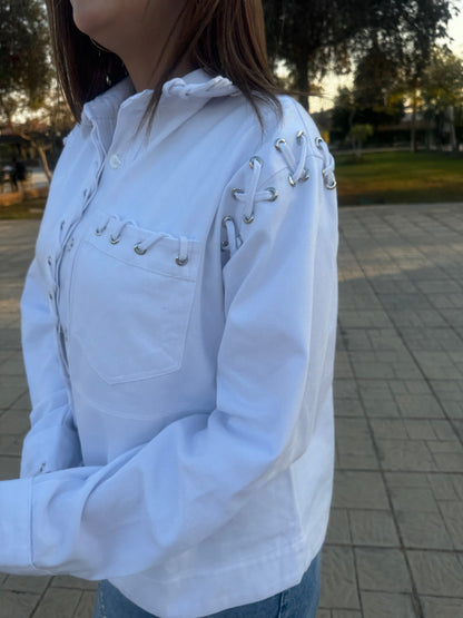 White Lace-Up Denim Jacket