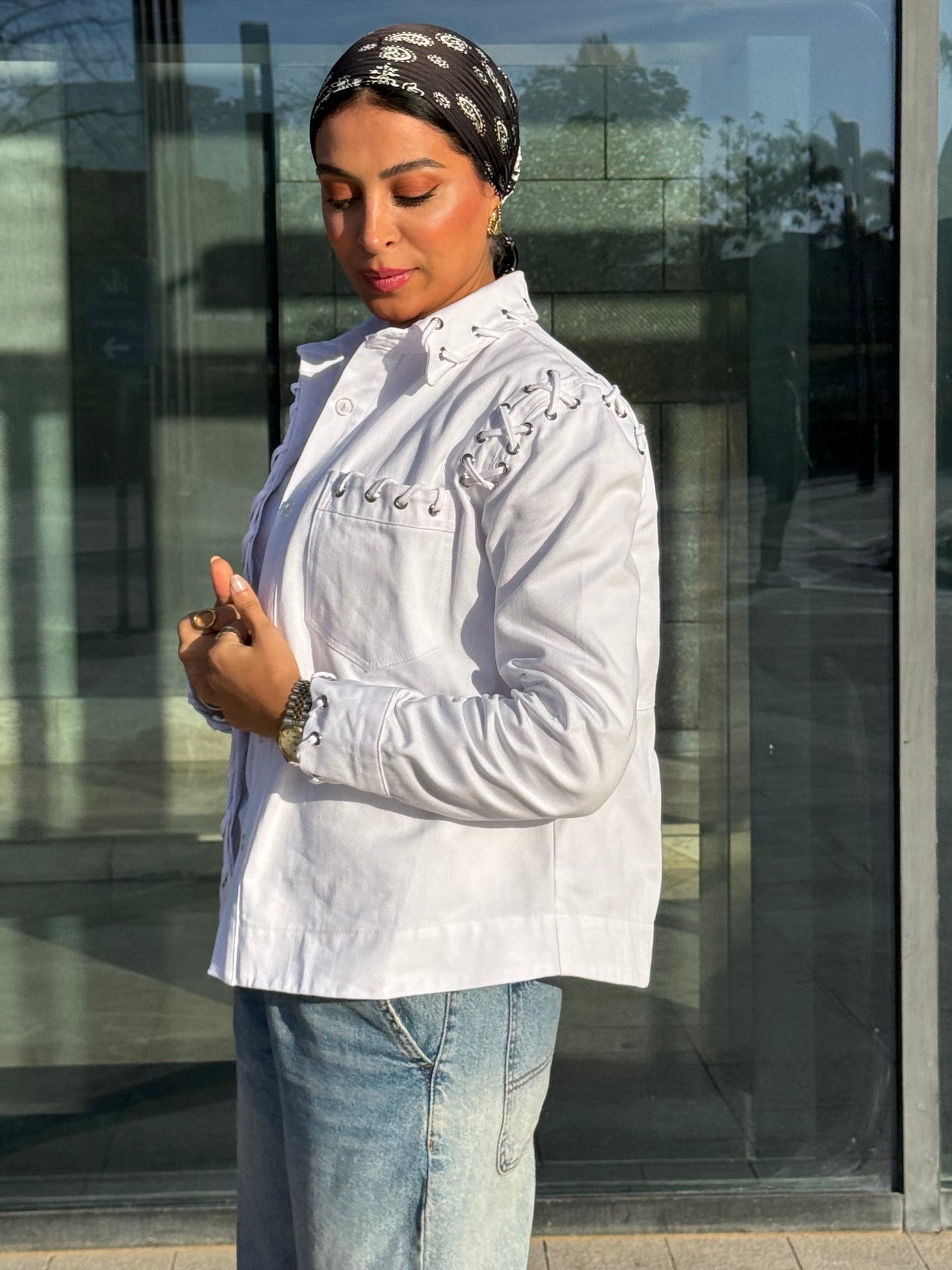 White Lace-Up Denim Jacket
