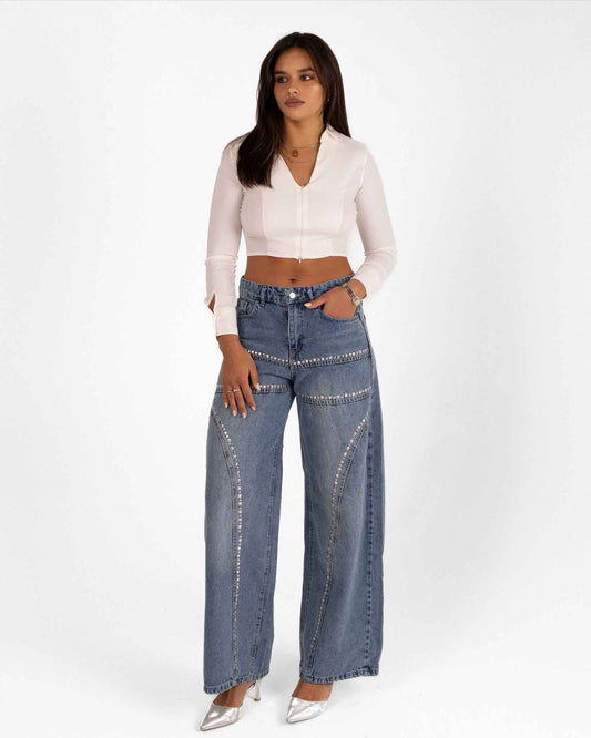 High-Waisted Wide-Leg Denim Jeans with Rhinestone Details