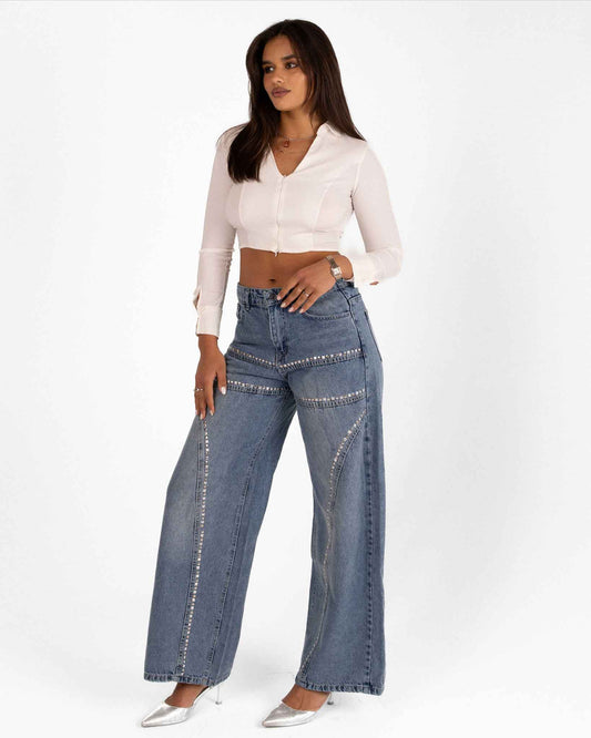 High-Waisted Wide-Leg Denim Jeans with Rhinestone Details