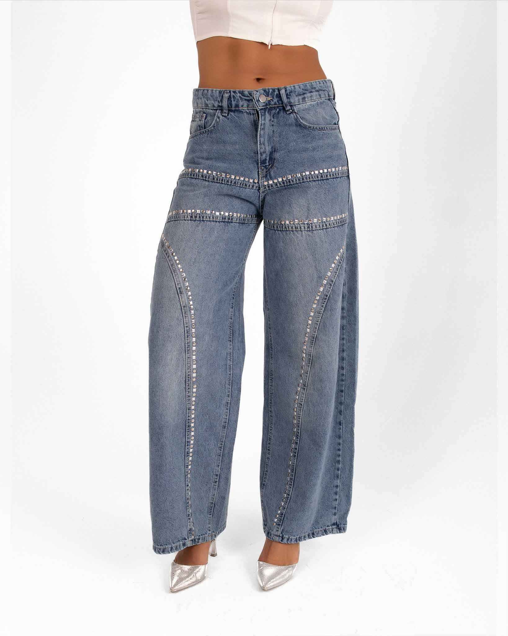 High-Waist Rhinestone Wide-Leg Jeans - Blue