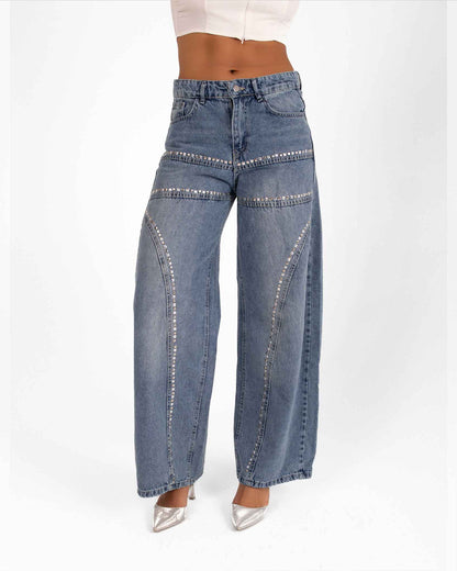 High-Waisted Wide-Leg Denim Jeans with Rhinestone Details