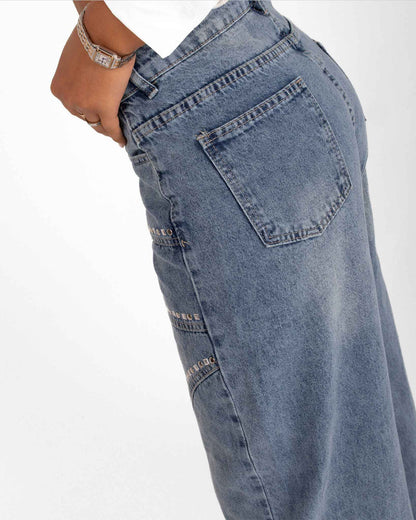 High-Waisted Wide-Leg Denim Jeans with Rhinestone Details