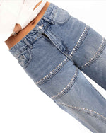 High-Waisted Wide-Leg Denim Jeans with Rhinestone Details