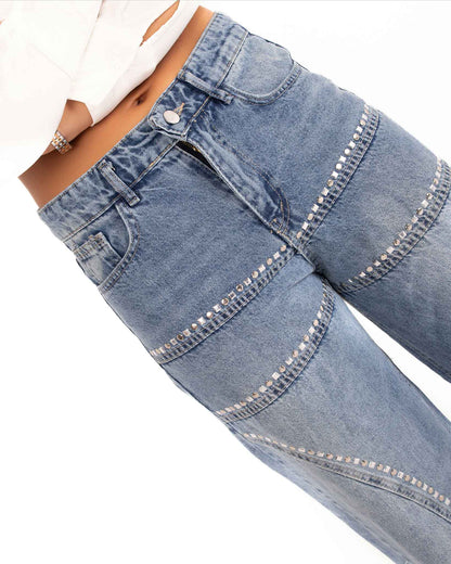 High-Waisted Wide-Leg Denim Jeans with Rhinestone Details