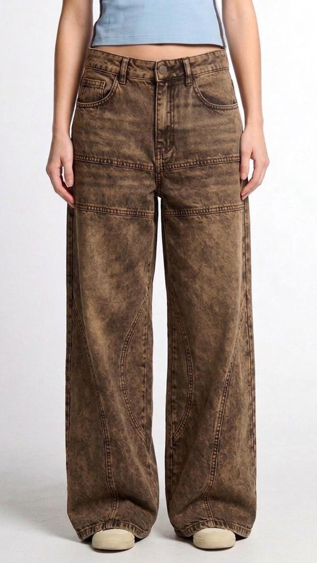 Vintage Wash Wide Leg Jeans - Brown