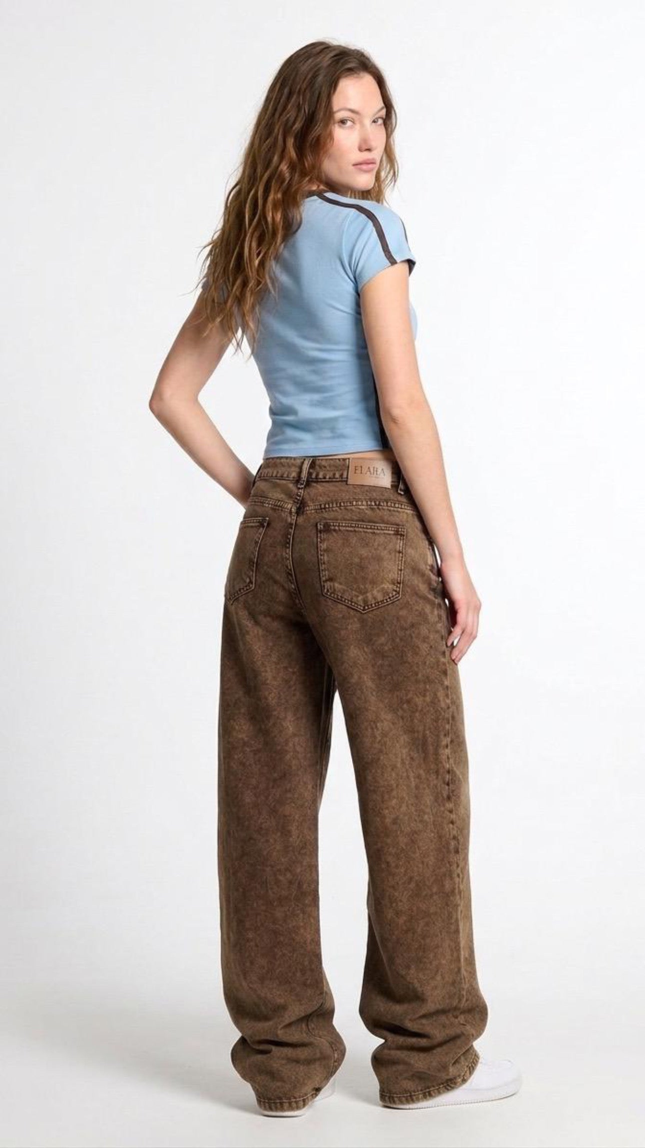 Vintage Wash Wide Leg Jeans - Brown