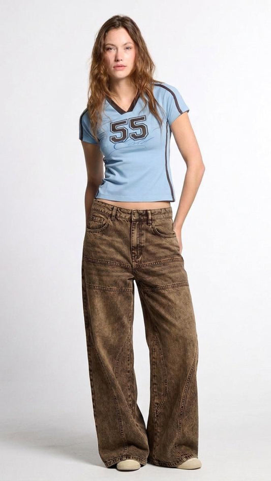 Vintage Wash Wide Leg Jeans - Brown