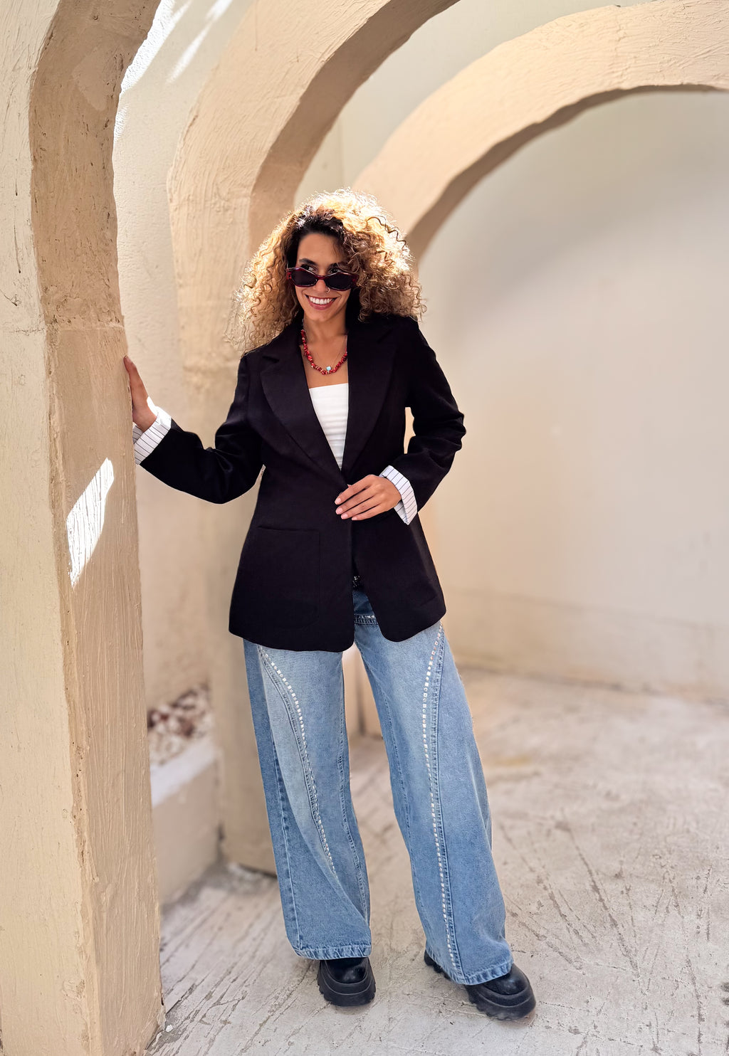 Striped-Cuff Black Blazer