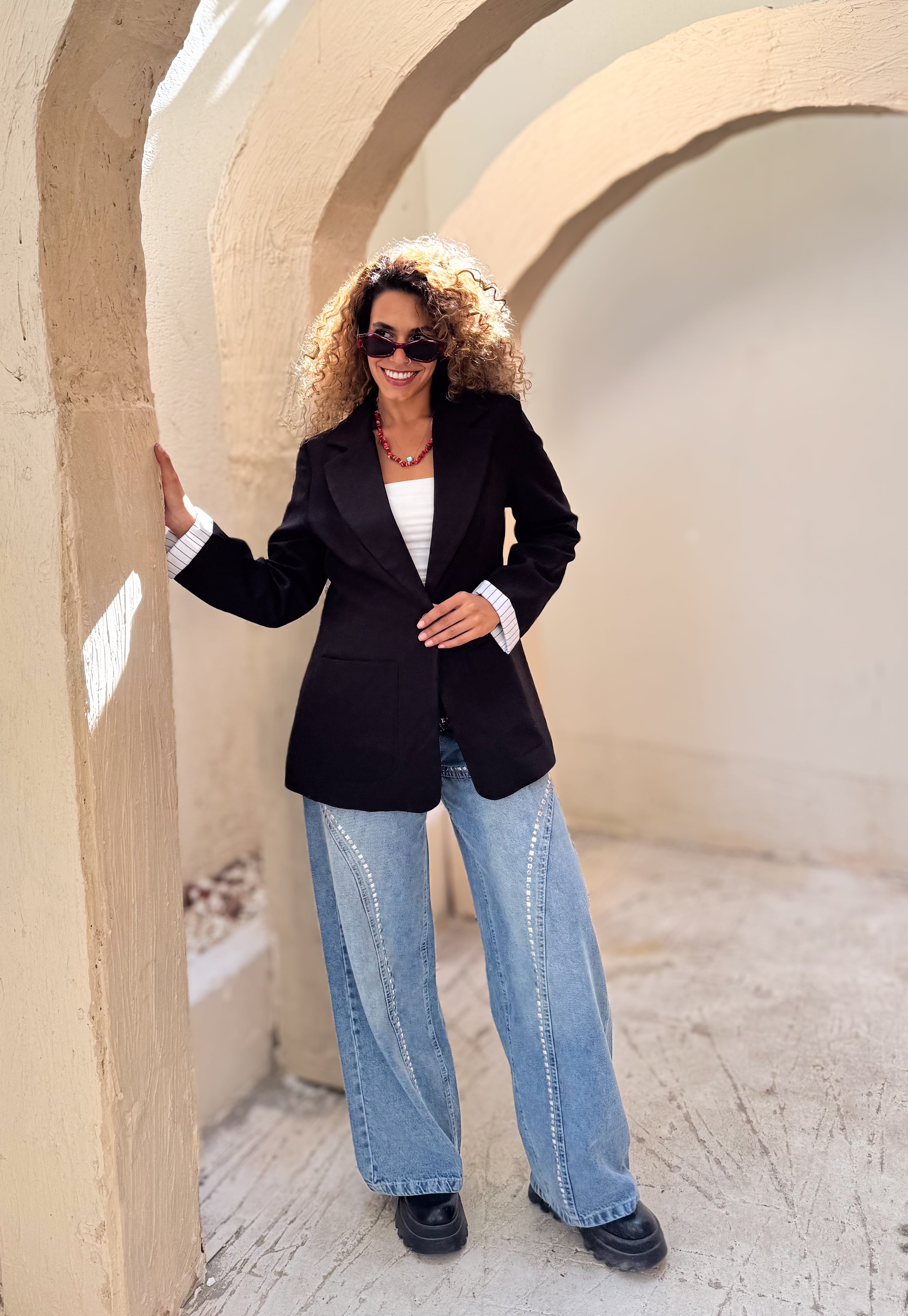 Striped-Cuff Black Blazer
