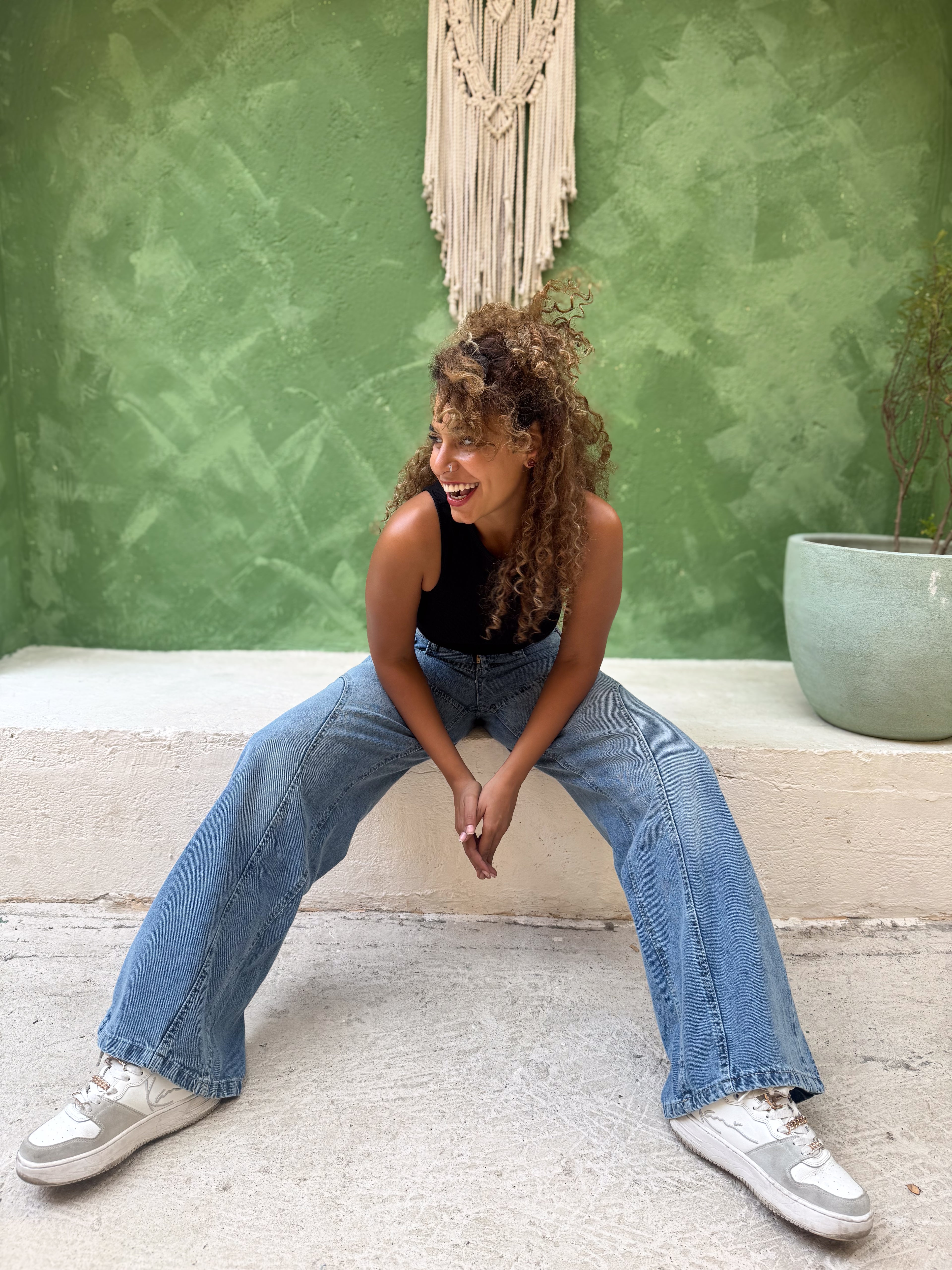Wide-Leg Seam Denim Jeans - Blue