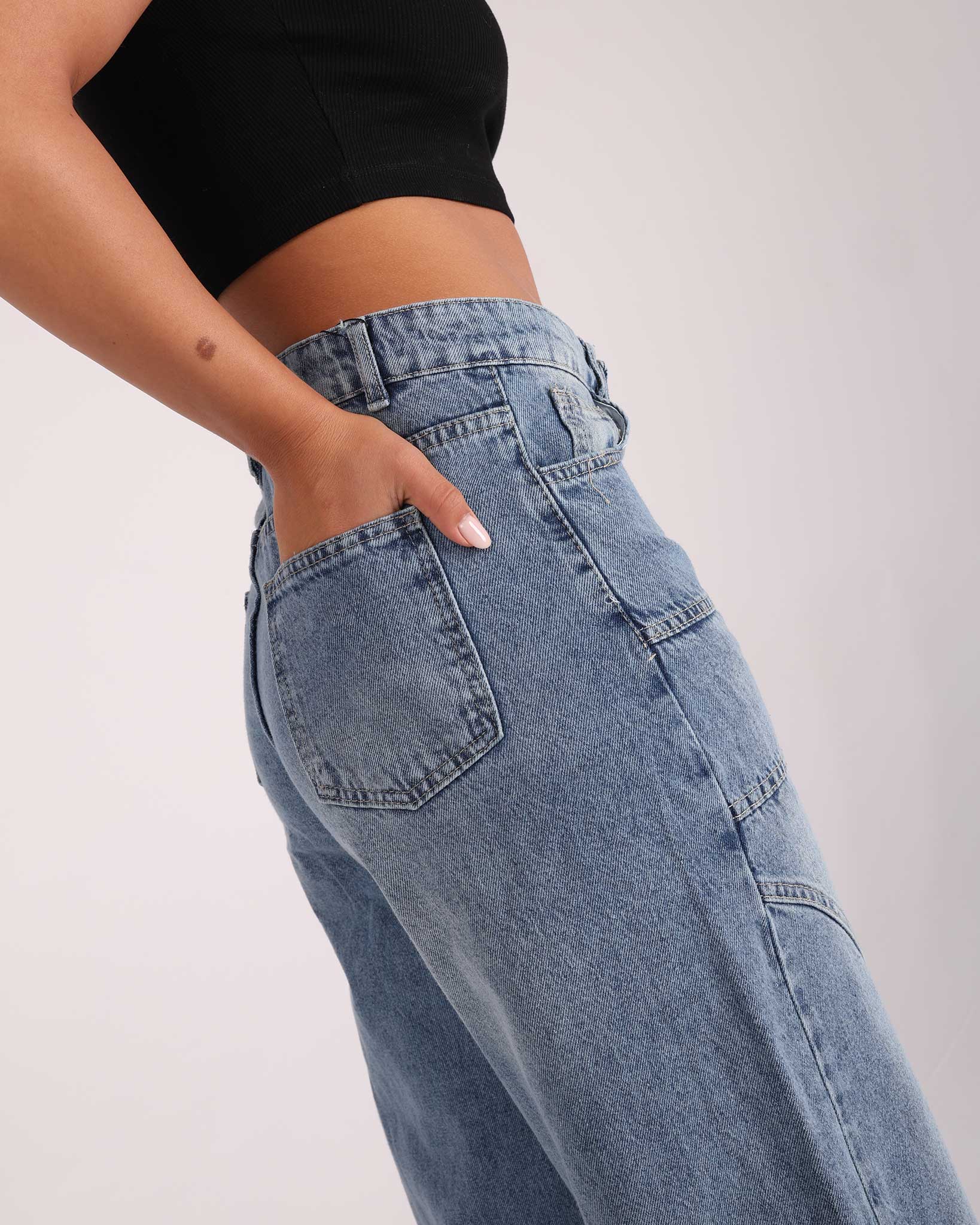Wide-Leg Seam Denim Jeans - Blue