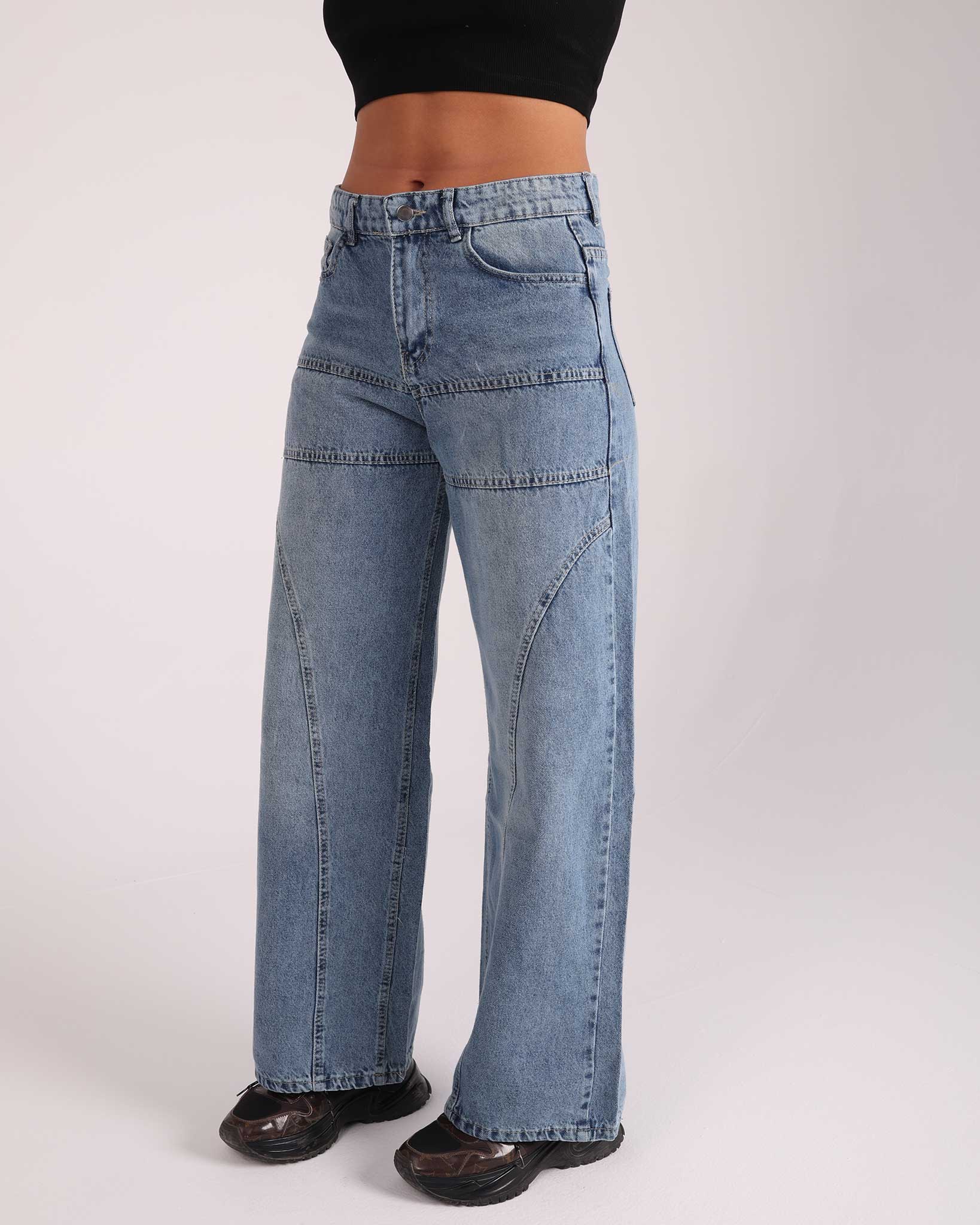 Wide-Leg Seam Denim Jeans - Blue